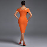 V Neck Mid Sleeve Striped Over Knee Bandage Dress