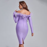 Off Shoulder Feather Over Knee Bandage Dress