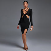 Halter Long Sleeve Hollow out Midi Bandage Dress