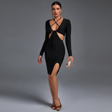 Halter Long Sleeve Hollow out Midi Bandage Dress