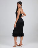 Strappy Backless Feather Trim Midi Dress