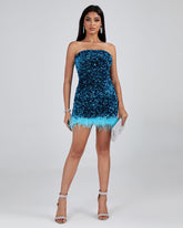 Blue Sequin Feather Trim Tube Dress