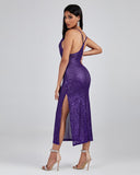 Purple Sequin Strap Midi Dress