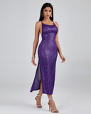 Purple Sequin Strap Midi Dress
