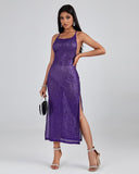 Purple Sequin Strap Midi Dress