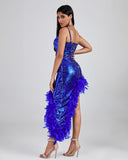 Blue Feather Sequin Midi Dress