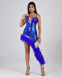 Blue Feather Sequin Midi Dress