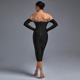 Off Shoulder Rhinestone Midi Bandage Dress