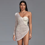 Sequined Draped One Sleeve Bustier Dress