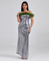 Off Shoulder Feather Sequin Maxi Dress
