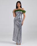 Off Shoulder Feather Sequin Maxi Dress