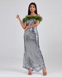Off Shoulder Feather Sequin Maxi Dress