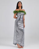 Off Shoulder Feather Sequin Maxi Dress