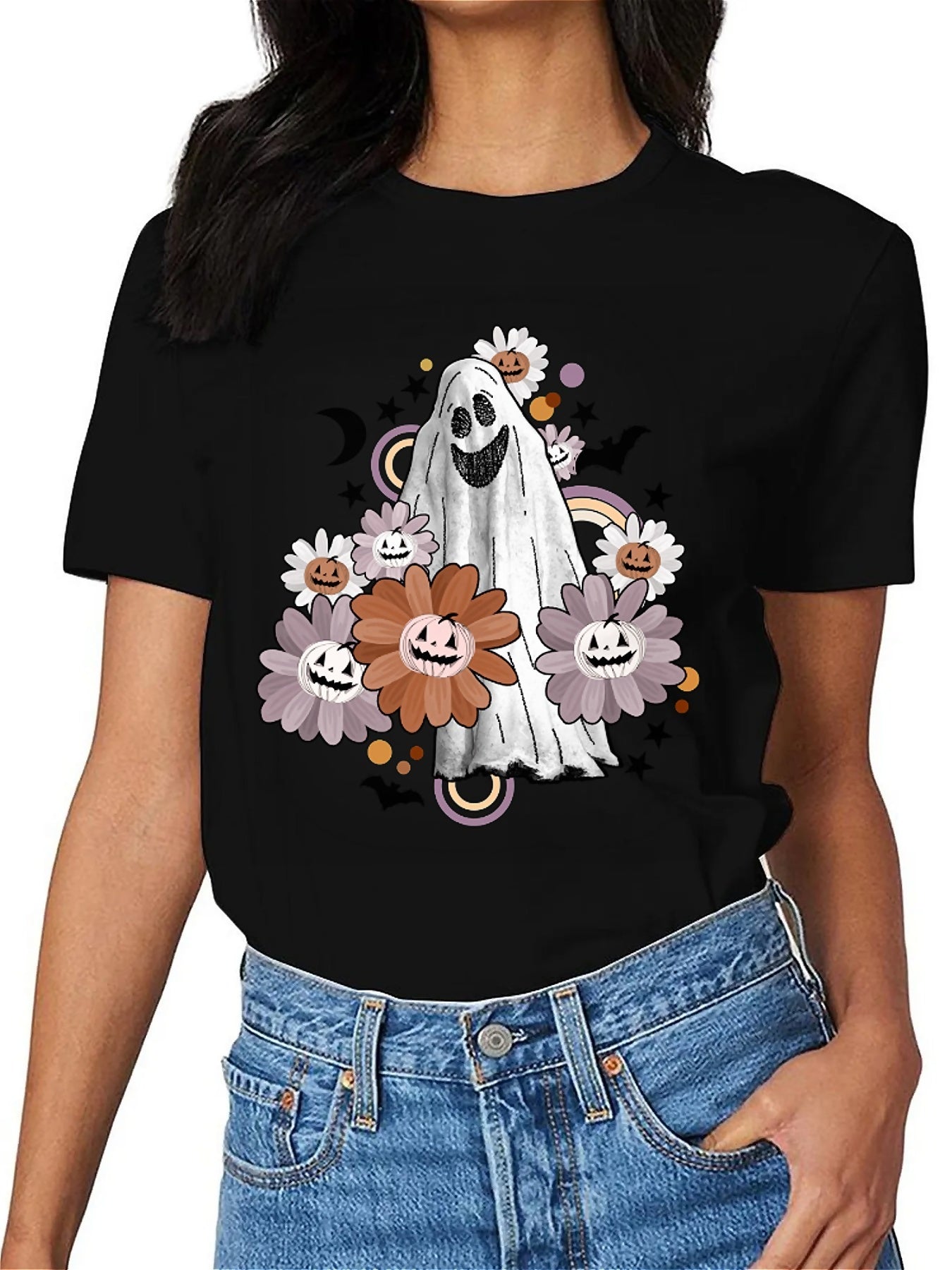 Earkoha Graphic T Shirts for Women Summer Casual Halloween Printed Tee Cotton Tops Loose Fit