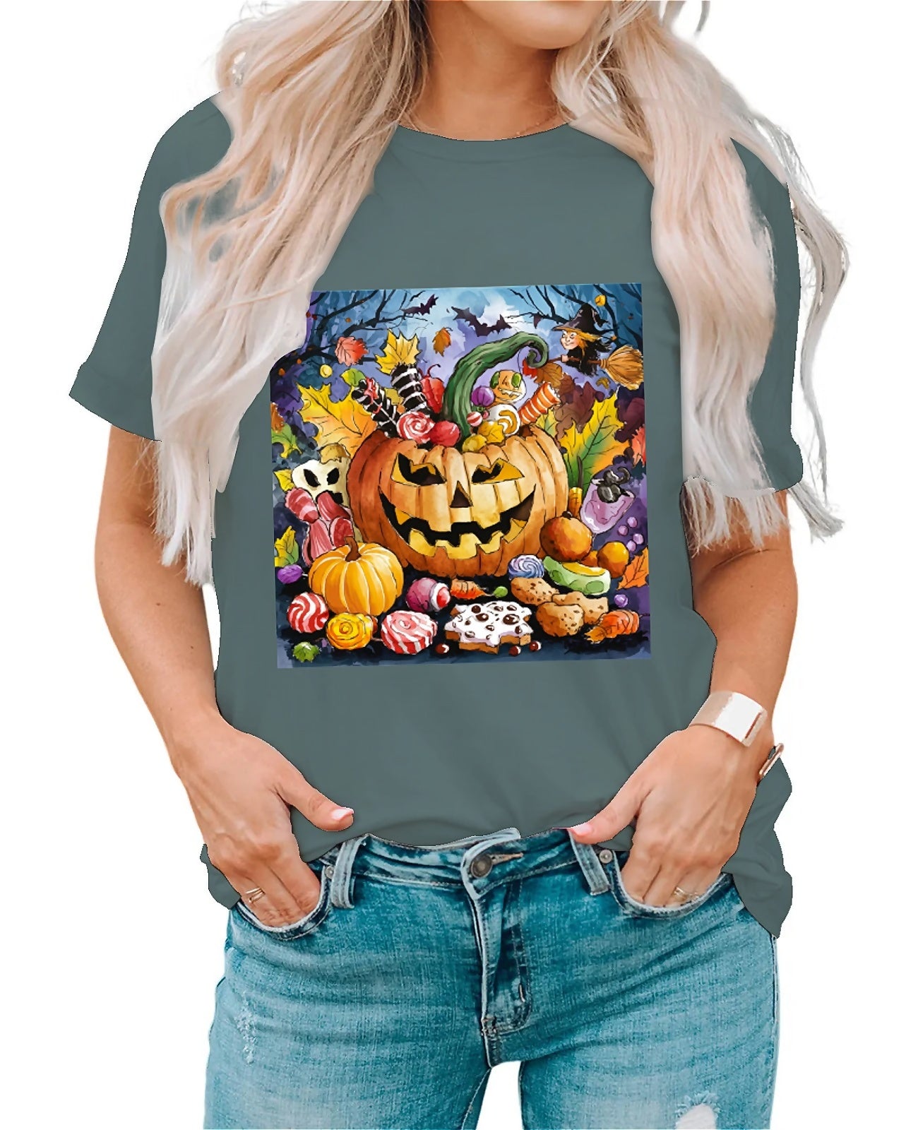 Earkoha Graphic T Shirts for Women Summer Casual Halloween Printed Tee Cotton Tops Loose Fit