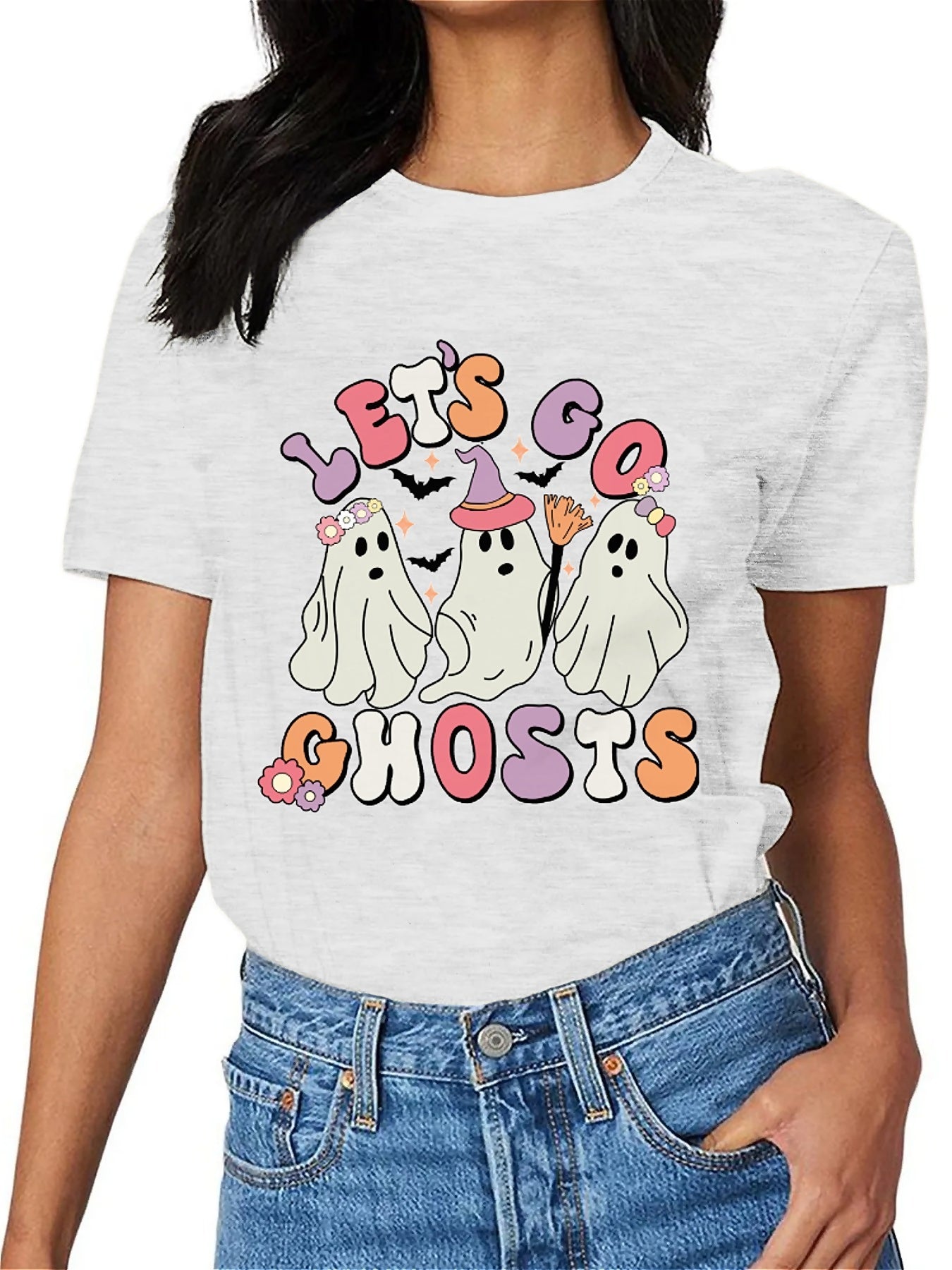 Earkoha Graphic T Shirts for Women Summer Casual Halloween Printed Tee Cotton Tops Loose Fit