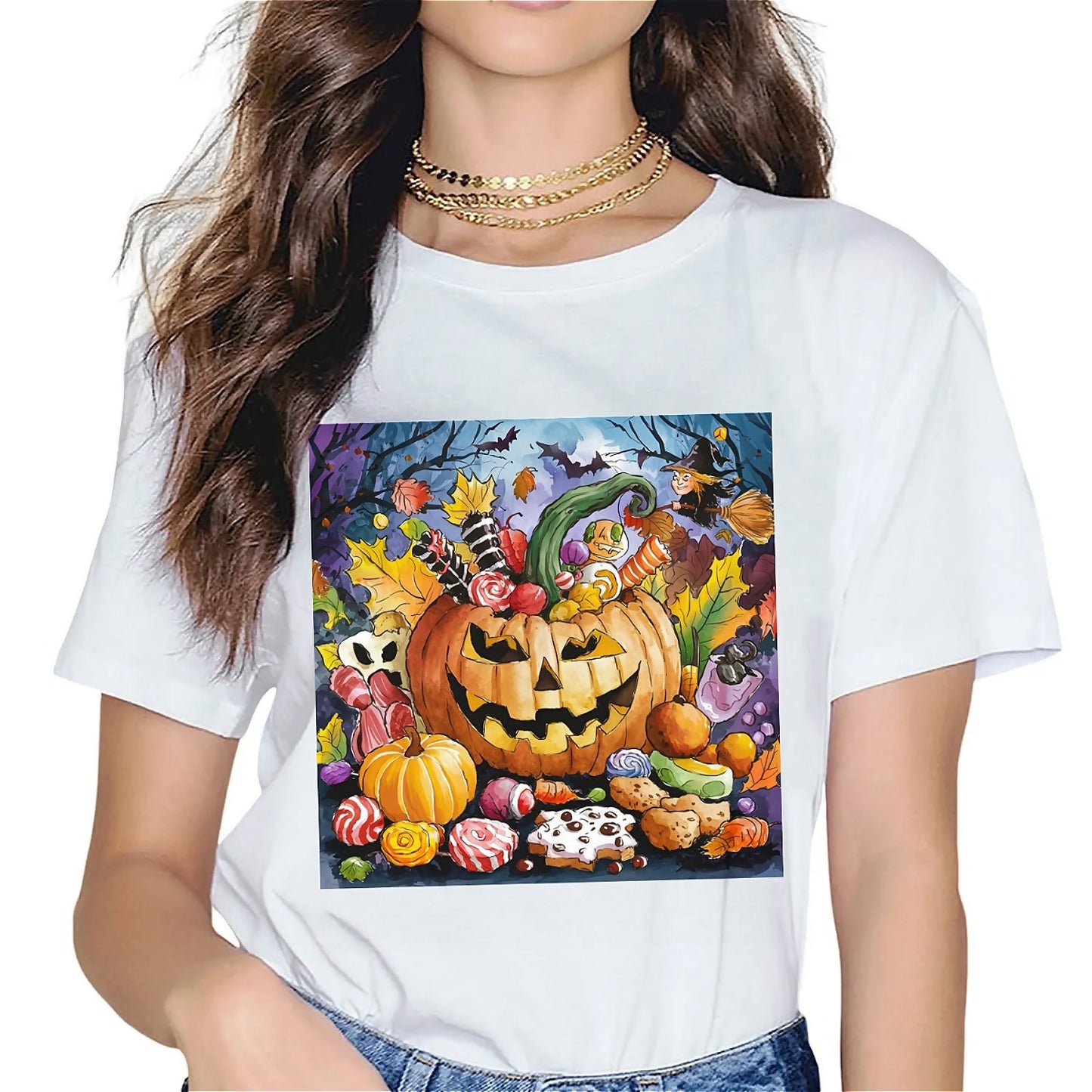 Earkoha Graphic T Shirts for Women Summer Casual Halloween Printed Tee Cotton Tops Loose Fit