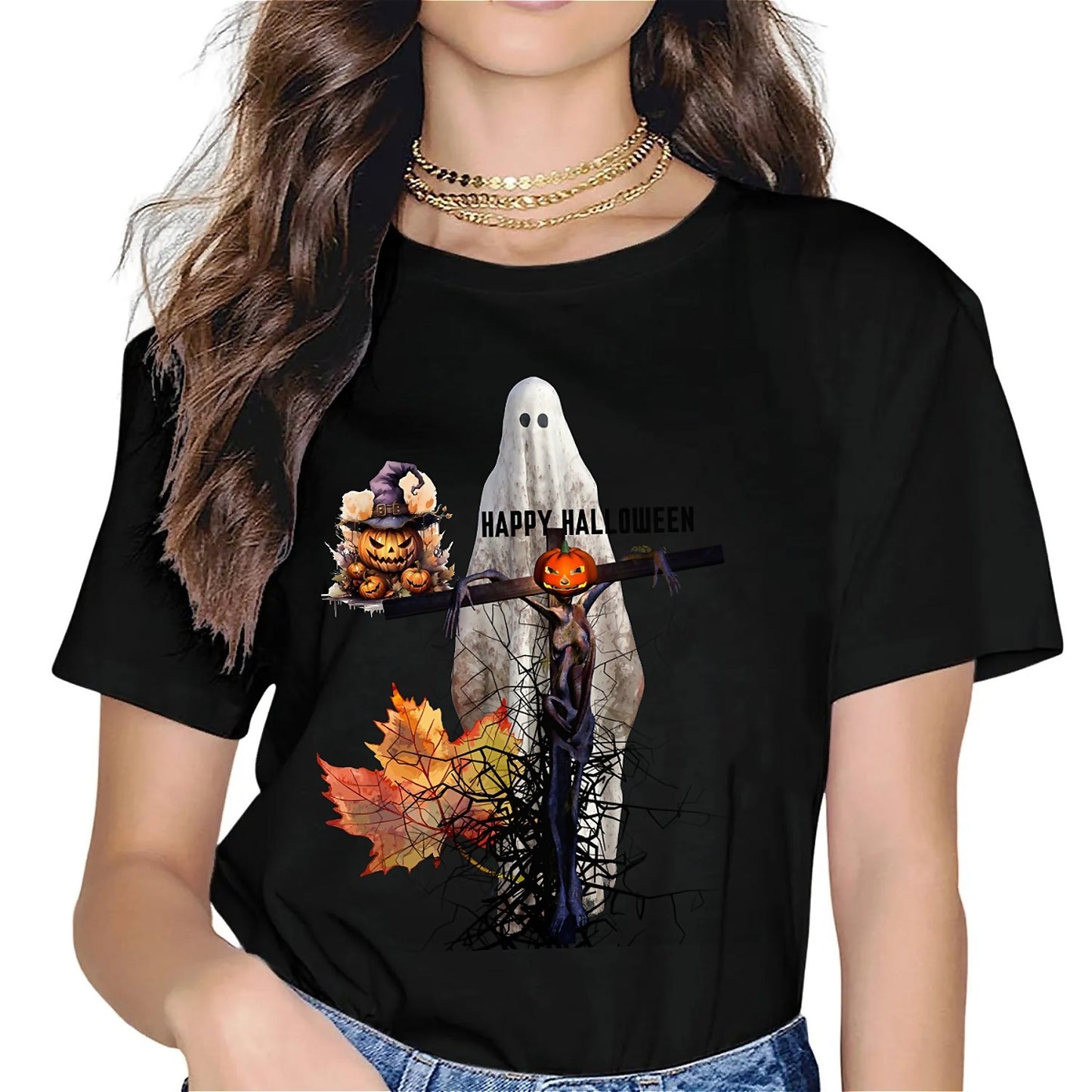 Earkoha Graphic T Shirts for Women Summer Casual Halloween Printed Tee Cotton Tops Loose Fit