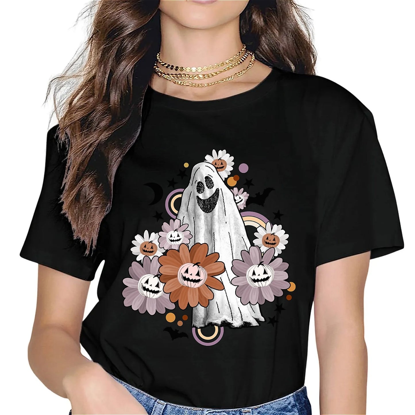 Earkoha Graphic T Shirts for Women Summer Casual Halloween Printed Tee Cotton Tops Loose Fit