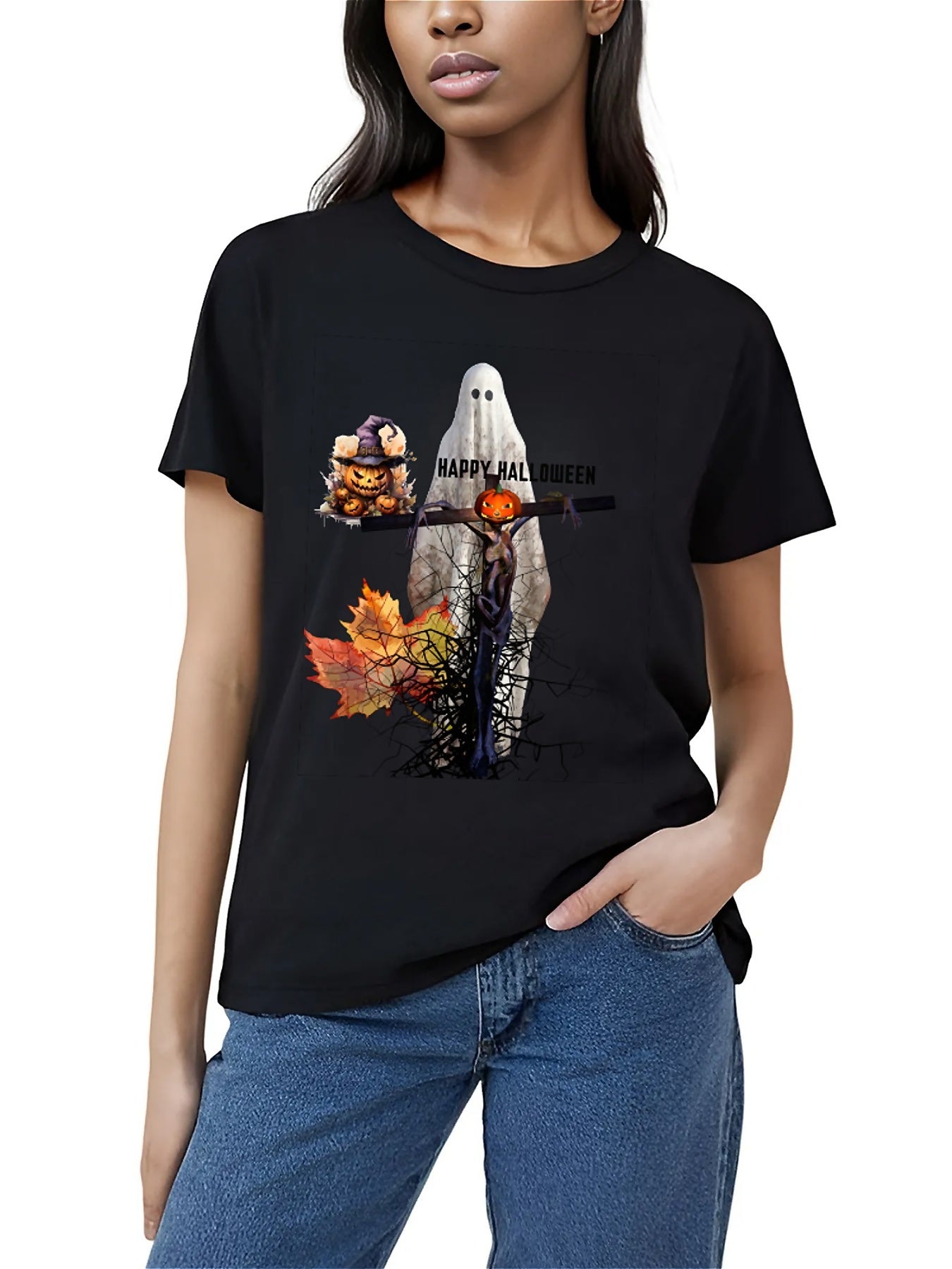Earkoha Graphic T Shirts for Women Summer Casual Halloween Printed Tee Cotton Tops Loose Fit