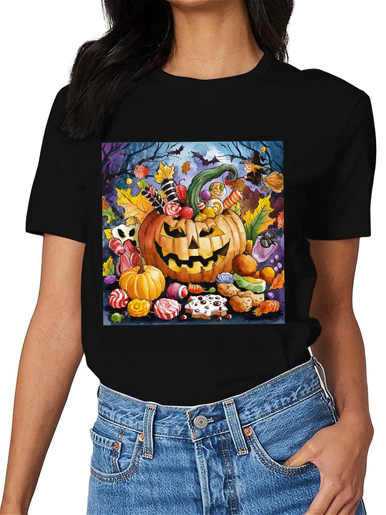 Earkoha Graphic T Shirts for Women Summer Casual Halloween Printed Tee Cotton Tops Loose Fit