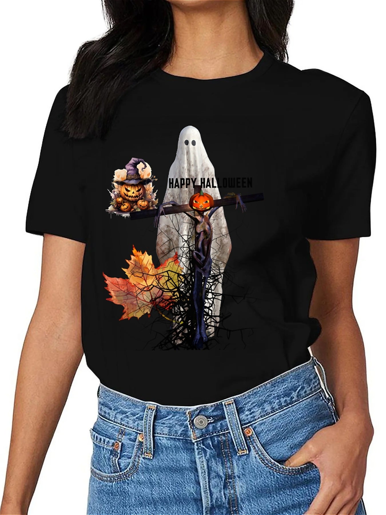 Earkoha Graphic T Shirts for Women Summer Casual Halloween Printed Tee Cotton Tops Loose Fit
