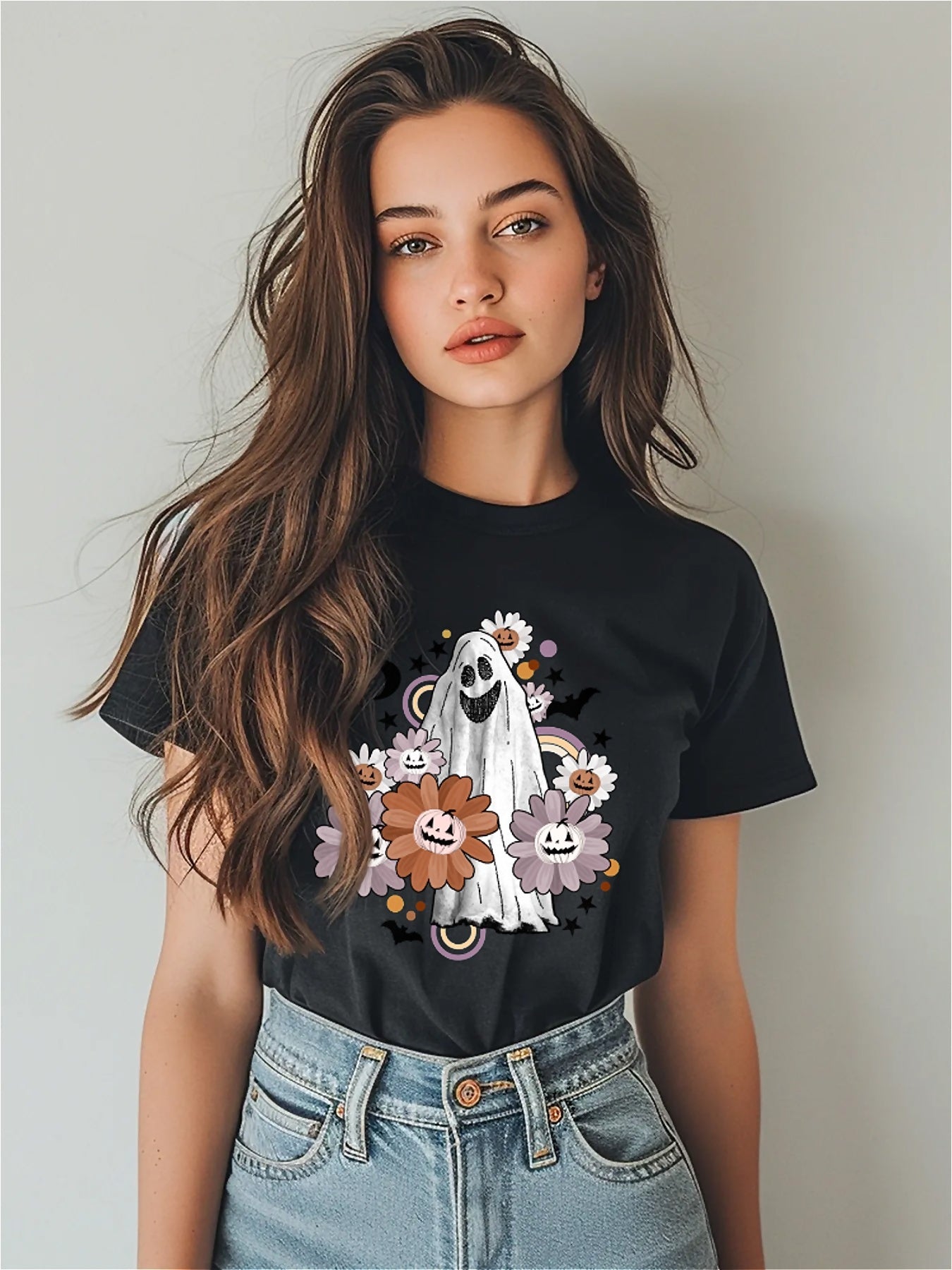 Earkoha Graphic T Shirts for Women Summer Casual Halloween Printed Tee Cotton Tops Loose Fit