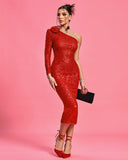 One Shoulder Flower Midi Sequin Dress