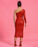 One Shoulder Flower Midi Sequin Dress