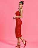 One Shoulder Flower Midi Sequin Dress