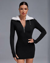 High Fur-Collar Zipped Mini Dress