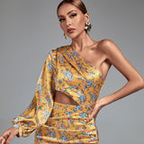 One Shoulder Cut Out Maxi Flowers Dress