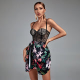 Floral Spaghetti Strap Spliced Lace Dress
