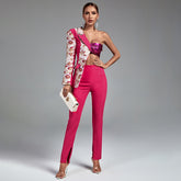 One Shoulder Long Sleeve Splicing Bodycon Set