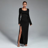 Square Collar Long Sleeve Maxi Tie Bodycon Dress
