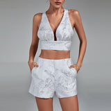 Jacquard Plunge Neckline Shorts Suit