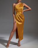 One Shoulder Satin Ruched Dress