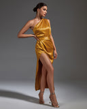 One Shoulder Satin Ruched Dress