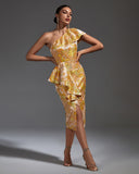 Slanted Shoulder Slit Midi Bodycon Dress