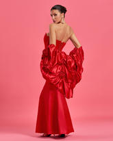 Red Satin Wedding Puffy Cape Gown