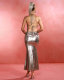 Backless Metallic Light Gold Fishtail Maxi Dress