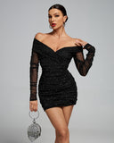 Off Shoulder Shiny Mesh Ruched Dress