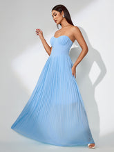 Ocean Blue Strapless Pleated Maxi Dress