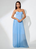 Ocean Blue Strapless Pleated Maxi Dress