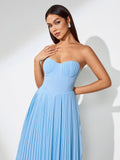 Ocean Blue Strapless Pleated Maxi Dress