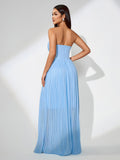 Ocean Blue Strapless Pleated Maxi Dress