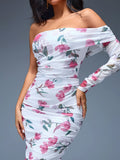 One Shoulder Floral Ruched Midi Dress