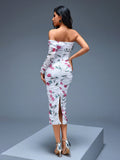 One Shoulder Floral Ruched Midi Dress