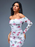 One Shoulder Floral Ruched Midi Dress
