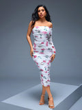 One Shoulder Floral Ruched Midi Dress
